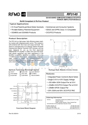 RF3145PCBA-41X datasheet - QUAD-BAND GSM/EDGE/GSM850/DCS/PCS POWER AMPLIFIER MODULE