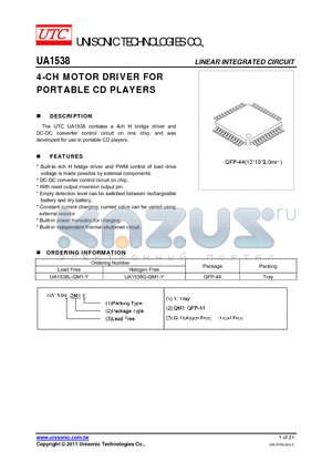 UA1538 datasheet - 4-CH MOTOR DRIVER FOR PORTABLE CD PLAYERS