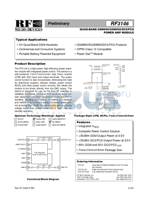 RF3146 datasheet - QUAD-BAND GSM850/GSM900/DCS/PCS POWER AMP MODULE
