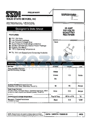 SSR2010-61 datasheet - 20 AMPS 100 VOLTS CENTERTAP SCHOTTKY RECTIFIER