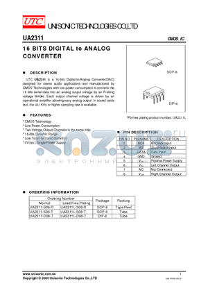 UA2311L-S08-T datasheet - 16 BITS DIGITAL to ANALOG CONVERTER