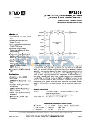RF3158 datasheet - QUAD-BAND GSM/EDGE/GSM850/EGSM900 /DCS/PCS POWER AMPLIFIER MODULE