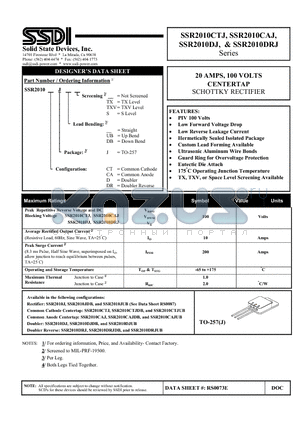 SSR2010CAJ datasheet - 20 AMPS, 100 VOLTS CENTERTAP SCHOTTKY RECTIFIER