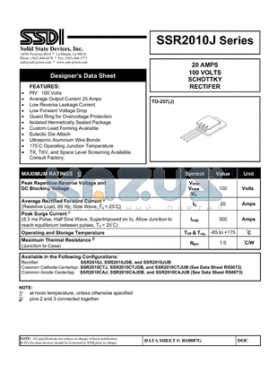 SSR2010CAJ datasheet - 20 AMPS 100 VOLTS SCHOTTKY RECTIFER