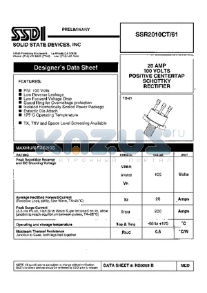 SSR2010CT/61 datasheet - 20 AMP 100 VOLTS POSITIVE CENTERTAP SCHOTTKY RECTIFIER