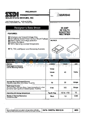 SSR2040 datasheet - 20 AMPS 40 VOLTS SCHOTTKY RECTIFIER