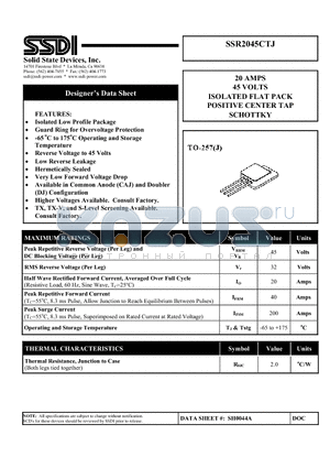 SSR2045CTJ datasheet - 20 AMPS 45 VOLTS ISOLATED FLAT PACK POSITIVE CENTER TAP SCHOTTKY