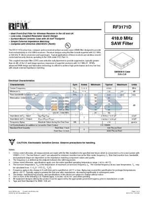 RF3171D datasheet - 418.0 MHz SAW Filter