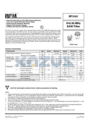 RF3181 datasheet - 916.50 MHz SAW Filter