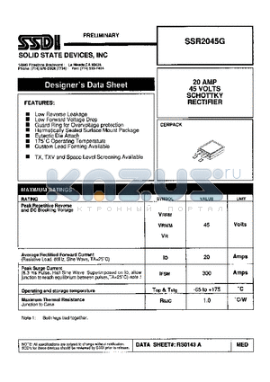 SSR2045G datasheet - 20 AMPS 45 VOLTS SCHOTTKY RECTIFIER