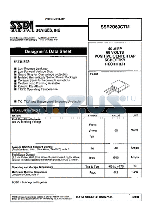 SSR2060CTM datasheet - 40 AMPS 60 VOLTS POSITIVE CENTERTAP SCHOTTKY RECTIFIER