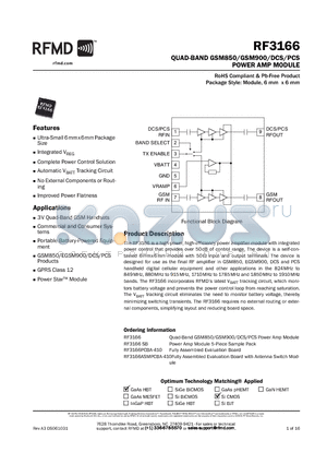 RF3166SB datasheet - QUAD-BAND GSM850/GSM900/DCS/PCS POWER AMP MODULE