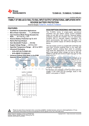 TLV2402-Q1 datasheet - FAMILY OF 880-nA/Ch RAIL-TO-RAIL INPUT/OUTPUT OPERATIONAL AMPLIFIERS WITH REVERSE BATTERY PROTECTION