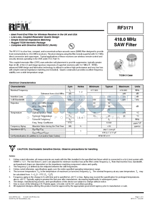 RF3171 datasheet - 418.0 MHz SAW Filter