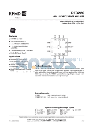 RF3220 datasheet - HIGH LINEARITY/DRIVER AMPLIFIER