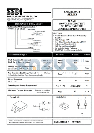 SSR24C50CTS.5TX datasheet - 24 AMP 600 VOLTS SCHOTTKY SILICON CARBIDE CENTER TAP RECTIFIER