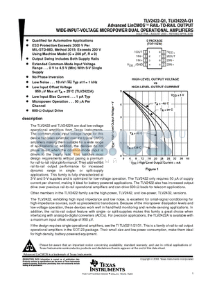TLV2422AQDRG4Q1 datasheet - Advanced LinCMOS RAIL-TO-RAIL OUTPUT WIDE-INPUT-VOLTAGE MICROPOWER DUAL OPERATIONAL AMPLIFIERS