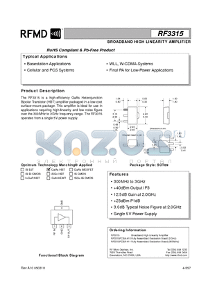 RF3315PCBA-411 datasheet - BROADBAND HIGH LINEARITY AMPLIFIER