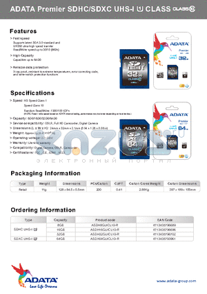 SDHCUHS-I datasheet - ADATA Premier SDHC/SDXC UHS-I CLASS