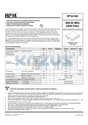 RF3319D datasheet - 868.95 MHz SAW Filter