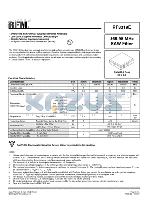 RF3319E datasheet - 868.95 MHz SAW Filter