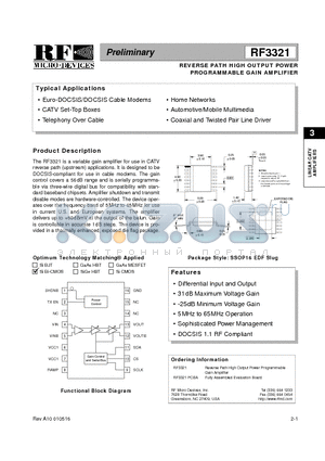 RF3321 datasheet - REVERSE PATH HIGH OUTPUT POWER PROGRAMMABLE GAIN AMPLIFIER