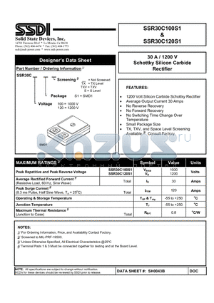 SSR30C120S1 datasheet - 30 A / 1200 V Schottky Silicon Carbide Rectifier