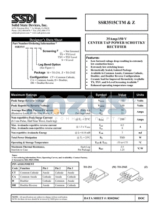 SSR3515CTZ datasheet - 35Amp/150 V CENTER TAP POWER SCHOTTKY RECTIFIER