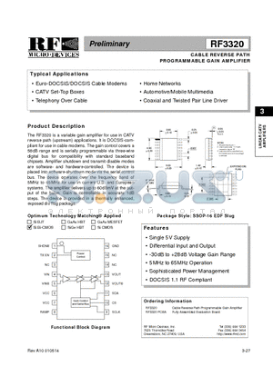 RF3320PCBA datasheet - CABLE REVERSE PATH PROGRAMMABLE GAIN AMPLIFIER