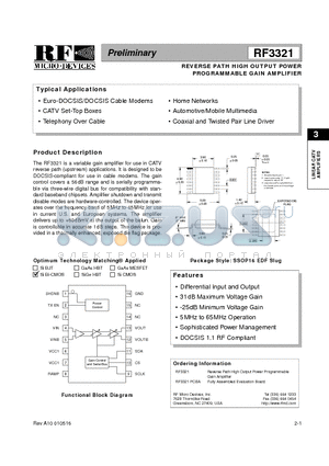 RF3321PCBA datasheet - REVERSE PATH HIGH OUTPUT POWER PROGRAMMABLE GAIN AMPLIFIER