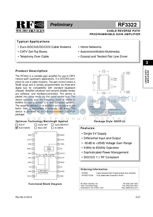 RF3322 datasheet - CABLE REVERSE PATH PROGRAMMABLE GAIN AMPLIFIER
