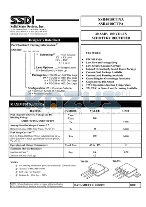 SSR4010CTNA datasheet - 40 AMP, 100 VOLTS SCHOTTKY RECTIFIER