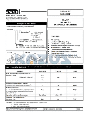 SSR4010P datasheet - 40 AMP 100 VOLTS SCHOTTKY RECTIFIER