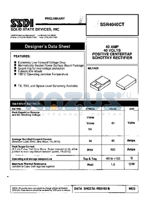 SSR4040CT datasheet - 40 AMPS 40 VOLTS POSITIVE CENTERTAP SCHOTTKY RECTIFIER