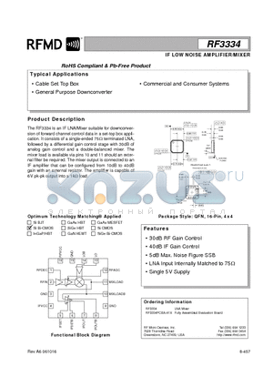 RF3334 datasheet - IF LOW NOISE AMPLIFIER/MIXER