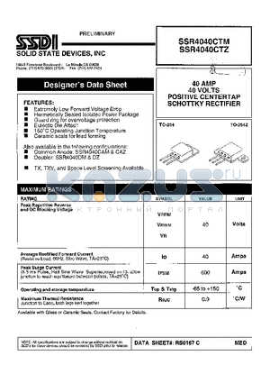 SSR4040CTM datasheet - 40 AMP 40 VOLTS POSITIVE CENTERTAP SCHOTTKY RECTIFIER