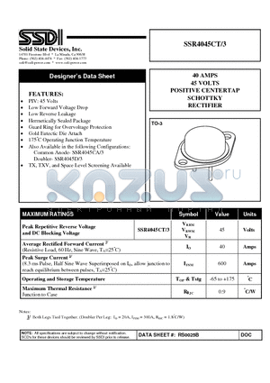 SSR4045CT-3 datasheet - 40 AMPS 45 VOLTS POSITIVE CENTERTAP SCHOTTKY RECTIFIER