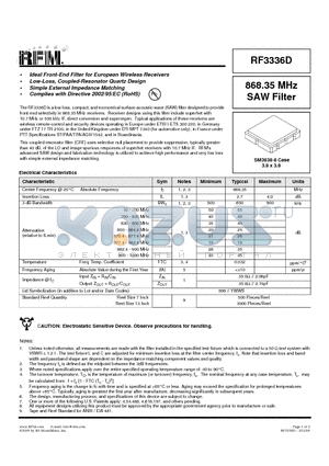 RF3336D datasheet - 868.35 MHz SAW Filter