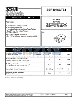 SSR4045CTS1 datasheet - 40 AMP 45 Volts POSITIVE CENTERTAP SCHOTTKY RECTIFIER