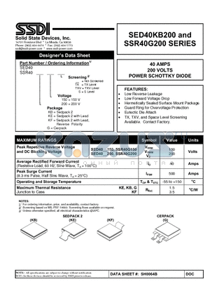 SSR40G200 datasheet - 40 AMPS 200 VOLTS POWER SCHOTTKY DIODE