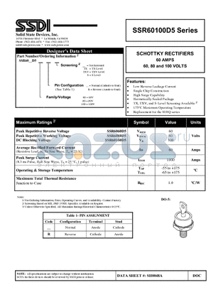 SSR60100D5 datasheet - SCHOTTKY RECTIFIERS 60 AMPS 60, 80 and 100 VOLTS