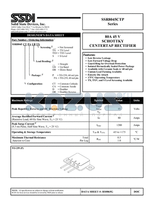 SSR8045CTP datasheet - 80A 45 V SCHOTTKY CENTERTAP RECTIFIER