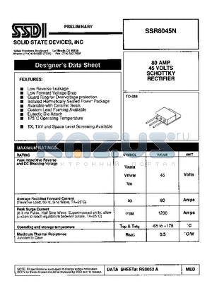 SSR8045N datasheet - 80 AMP 45 VOLTS SCHOTTKY RECTIFIER