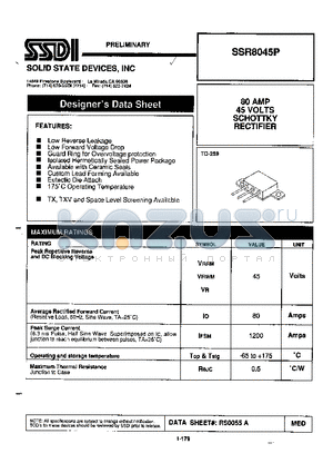 SSR8045P datasheet - 80 AMP 45 VOLTS SCHOTTKY RECTIFIER