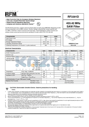 RF3391D datasheet - 433.42 MHz SAW Filter