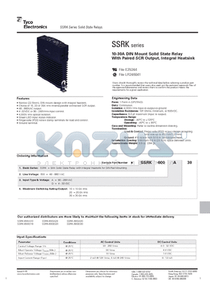 SSRK-600A20 datasheet - 10-30A DIN Mount Solid State Relay With Paired SCR Output, Integral Heatsink