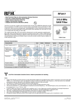 RF3417 datasheet - 315.0 MHz SAW Filter