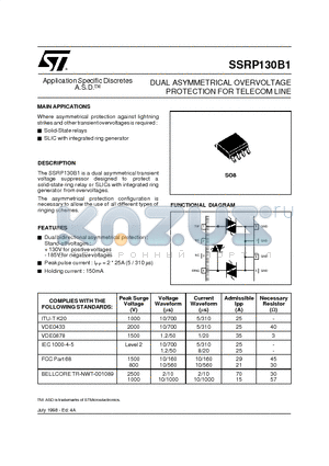 SSRP130B1 datasheet - DUAL ASYMMETRICAL OVERVOLTAGE PROTECTION FOR TELECOM LINE