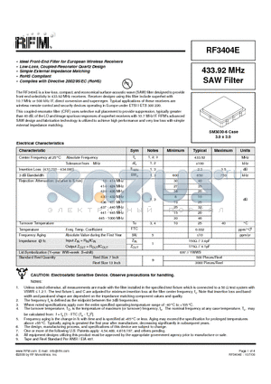 RF3404E datasheet - 433.92 MHz SAW Filter