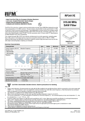 RF3417E datasheet - 315.00 MHz SAW Filter